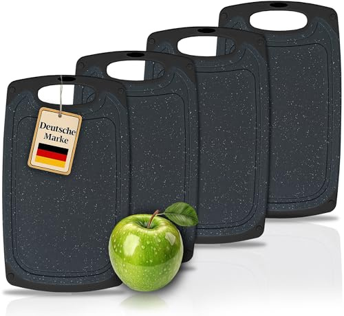 KPYTO 4 große Frühstücksbrettchen aus Kunststoff, 32x20 cm, Schneidebrett Set,spülmaschinenfest, beidseitig, rutschfest mit Saftrille, schwarze Brettchen, Brotzeitbrett, Küchenbrett