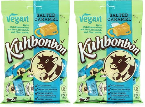 Kuhbonbon Vegan Salted Caramel – weiche milchfreie Karamellbonbons aus Salzkaramell, pflanzenbasierte Toffee-Bonbons aus Kokosmilch und braunem Rohrzucker, laktose- und glutenfrei, 165 gr