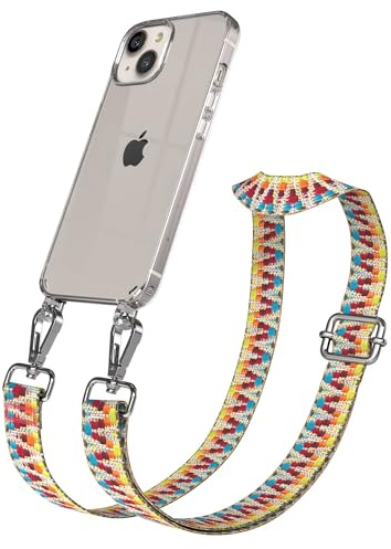 EAZY CASE Handykette - Verstellbares Taschenband kompatibel mit iPhone 13, Schulterriemen, Handykordel mit Silikon Hülle, Umhängetasche, Regenbogen Silber