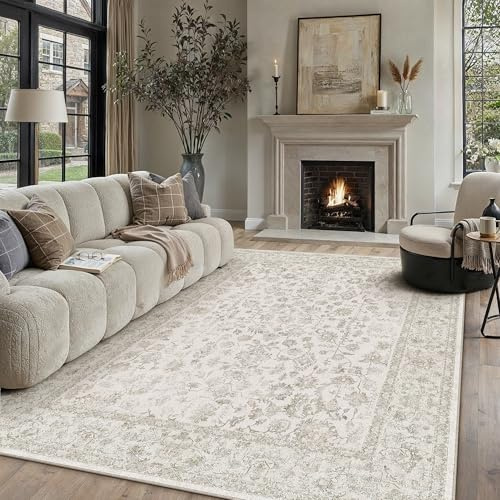 PureCozy Teppich Wohnzimmer Creme 200x300cm Waschbarer rutschfest Teppiche | Weicher Kurzflor, Pflegeleicht, Vintage Carpet, Schlafzimmer, Esszimmer, Büro ,Kinderzimmer