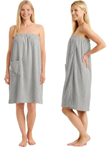 CalmySPA Leicht Frottee Saunakilt Damen - Saunahandtuch Baumwolle mit Gummizug und Knopf Saunakleid Saunatuch Sauna Handtuch Kleid Frauen Kilt (Hellgrau)
