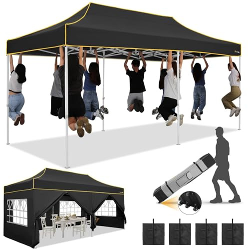 HOTEEL Pavillon 3x6m Wasserdicht Stabil, Verstärkte Sechskant-Beine,Schwarz | Pop-up Zelt mit wasserdichtem und UPF 50+-Stoff,tragbare Rollen-Tasche, Pavillon für Veranstaltungen/Gartenpartys/Marktplätze