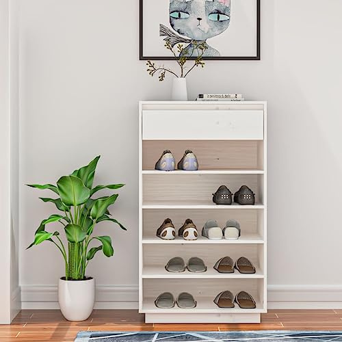 LoogCape Shoe Rack Cupboard White Solid Pine 60 x 34 x 105 cm Storage Space for Trainers Boots Space-Saving Slim for Hallway Hallway Wall Mounting Against Tipping