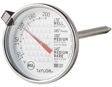 Taylor Leave-in Meat Oven Safe Analog Dial Meat Food Grill BBQ Kitchen Cooking Thermometer, 2 inch dial, Stainless Steel