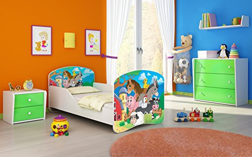 CLAMARO 'Traumland' Motiv Kinderbett 70 x 140 cm inkl. Matratze und Lattenrost, Kantenschutzleisten und Rausfallschutz, Motiv: 34 - Farm Motiv