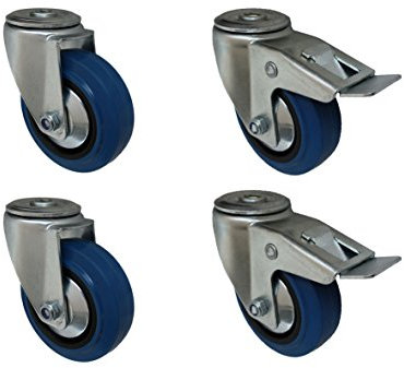 Set 100 mm Blue Wheels Elastik Rad Rolle 2x als Lenkrolle mit Totalstop + 2 als Lenkrolle Rückenlochbefestigung