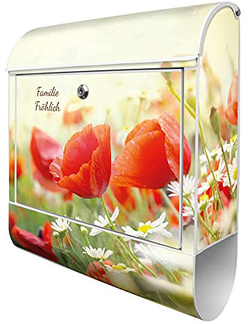 banjado® Design Briefkasten personalisiert mit Kamille Und Mohn 38,5x46,5x13cm & 2 Schlüssel - Briefkasten Stahl weiß mit Zeitungsfach pulverbeschichtet - Postkasten A4 Einwurf inkl. Montagematerial