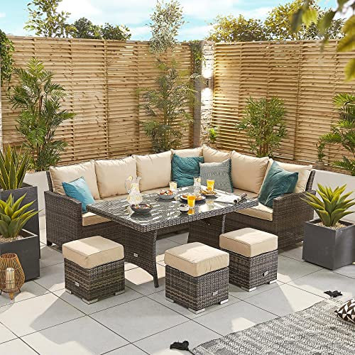 Nova Outdoor Living - Right Hand Cambridge Rattan Corner Sofa Dining Set - Parasol Hole - Garden Patio Furniture Table, Sofa & Stools - Weather Resistant - Flat Weave Rattan - Brown