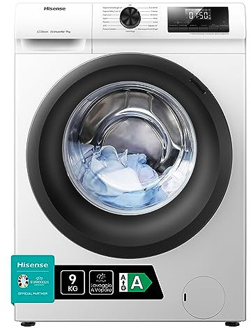 Hisense WFQE9014EVJM - Lavatrice a Carica Frontale 9 Kg, 1400 rpm, Classe A, 15 Programmi, Vapore, Display LED, Programma Rapido, Partenza Ritardata, Child Lock