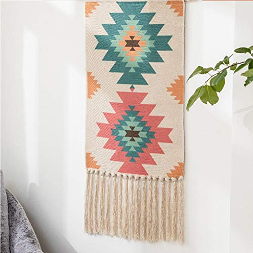 CoutureBridal Boho Wandbehang Geometrische Bohemian Wandteppich Blau Rosa Hippie Wall Hanging Psychedelic Vintage Wand Dekor Handgemachte Weben Quaste Flachs Ethno Wandtuch 50x70cm+28cm