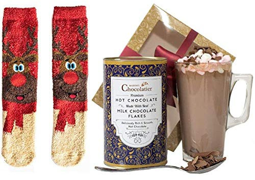 Martins Chocolatier Hot Chocolate Geschenkset | Trinkschokolade aus belgischer Schokoladenspäne | inkl. Glas und Marshmallows Milchschokolade & Rentiersocken