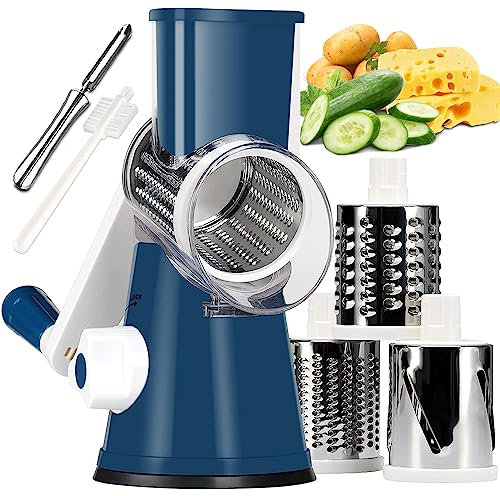 KEOUKE Rotary Cheese Grater with Handle Vegetable Cheese Shredder Slicer Grater for Kitchen 3 Changeable Blades for Cheese Potato Zucchini Nuts Chocolate - Dark Blue