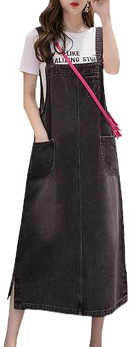 Shengwan Donna Vestito Salopette Jeans Overall Gonna Senza Maniche Lungo Vestiti Overall con Tasca Nero M