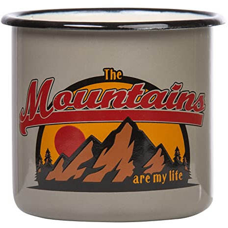 MUGSY Emaille Tasse, The Mountains are my life, 330ml, Camping Tasse mit Spruch, bruchfest, grau