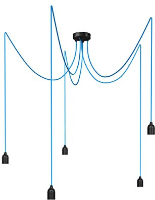 Relight Pendelleuchte 5-flammig Kraken (höhenverstellbar), E27 Lampenfassungen aus Bakelit, 5x 3 Meter Textilkabel Blau