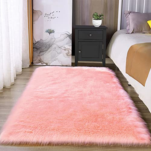 Latepis Kunstfellteppich, Schaffell, flauschig, waschbar, fusselig, für Jungmädchenzimmer, Wohnzimmer, Schlafzimmer, Wohnheim, Raumdekoration, rechteckig, 91 x 152 cm, Rosa