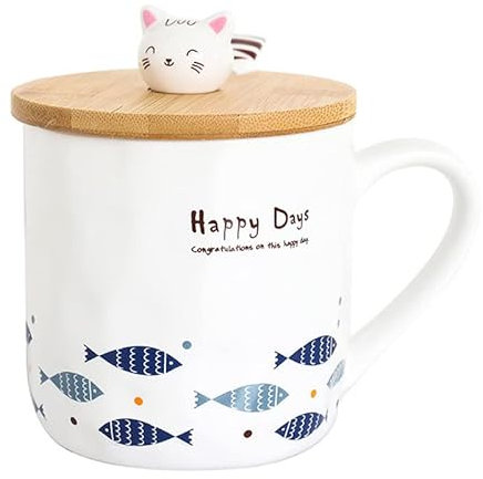 TuYines Kaffeetasse mit Deckel,Katzen Tasse,Cappuccino Tasse,Kaffeetasse aus Keramik,Taufe Becher,Keramik Teetasse Löffel,380 ml Witzige Tasse,Milch Kaffee Tasse