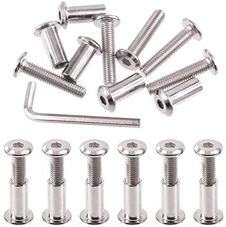 Swpeet Juego de 25 tornillos de unión de plata chapados en níquel M6 x 30 mm, tornillos de cabeza hexagonal, tuercas de barril con 1 llave Allen, poste de tornillo para muebles