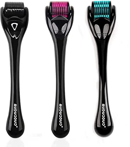 AUDUODUO® Premium Derma-Roller aus Titan Microneedling‑Set 3‑in‑1 (0,5 / 1,0 / 1,5 mm) – 540 Silbernadeln