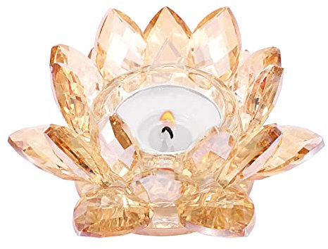 SUMTree Crystal Lotus Candle Holder for 4.5 Pillar Candle, Decorative Tealight Lotus Votive Candle Holder, Petals Style Flower Tealight Holder for Home Wedding Anniversary Decor, Champagne Gold