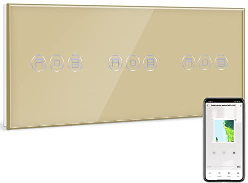 BSEED Tripel Smart Rolladenschalter,Fernbedienung mit Smart Life APP,Kompatibel mit Alexa und Google Home,Tripel Smart Jalousien Schalter mit Touch Panel Gold,APP Fernbedienung und Timing Funktion