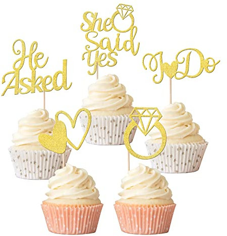24 Stück He Asked She Said Yes Cupcake Topper Glitzer Herz Ring I Do Cupcake Picks für Hochzeit Verlobung Brautparty Thema Party Kuchen Dekorationen Supplies Gold