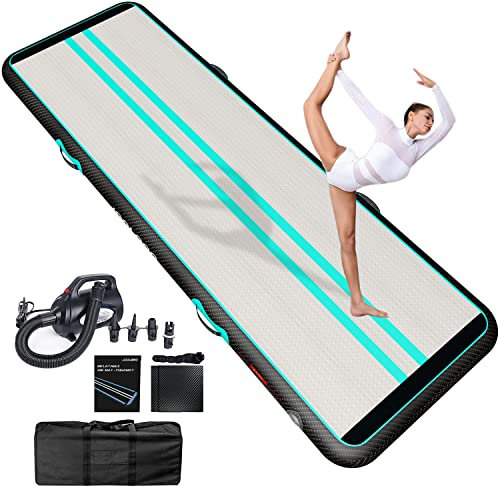 JOOLOOG Tapis de gymnastique gonflable de 2 m, 3 m, 4 m, 5 m, 6 m, avec pompe à air électrique de 650 W pour pom-pom girl, gymnastique, plage, parc, utilisation à la maison, vert, noir, 400*100*10cm