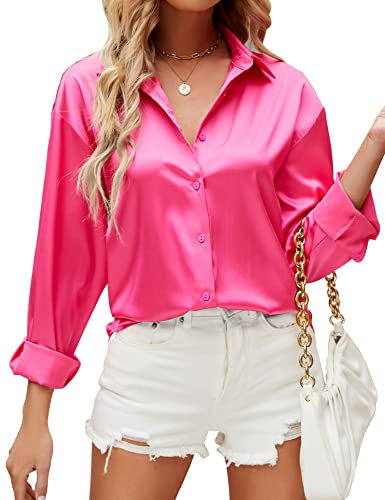 HANERDUN Chemisier pour Femmes Manches Longues Chemise à col en V La Soie Élégante Casual Tops Chemisier uni de Travail à Boutons sur Le Devant