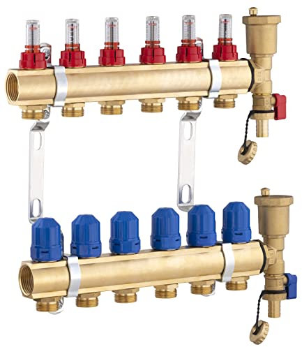 Colector para Suelo Radiante de Latón con 6 Salidas/Retornos | Incluye Caudalímetro para Control Preciso | Alta Resistencia y Durabilidad | NOYON & THIEBAULT