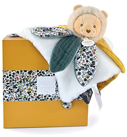 Doudou et Compagnie - Kuscheltier Löwe gelb mit Blütenblättern – Geschenkbox – 27 cm – Kollektion Boh'aime – Geschenkidee zur Geburt für Mädchen und Jungen – DC4025