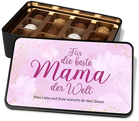 Pralinendose personalisiert „Für die beste Mama der Welt“ – mit Wunschtext - Metalldose mit 12 Pralinen – Schokolade Geschenk-Idee Geburtstag Muttertag Weihnachten