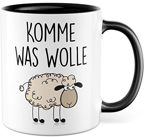 Schaf Tasse Wolle Geschenk Humor Kaffeetasse mit lustigen Spruch Büro Kaffeebecher Kollegin Geschenkidee Optimisten Teetasse (Weiß & Schwarz)