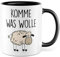 Schaf Tasse Wolle Geschenk Humor Kaffeetasse mit lustigen Spruch Büro Kaffeebecher Kollegin Geschenkidee Optimisten Teetasse (Weiß & Schwarz)