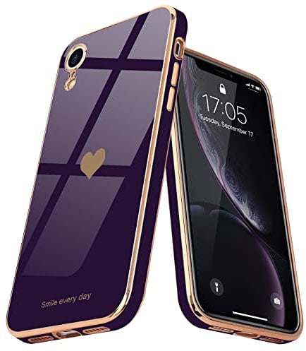 Teageo for iPhone Xr Case Cute Heart Pattern for Women Girls Slim Luxury Bling Plating Soft TPU Anti-Scratch Shockproof Bumper Phone Case for iPhone Xr, Dark Purple