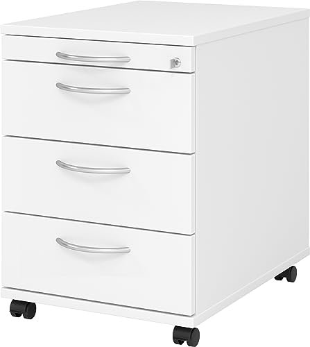 bümö Rollcontainer mit Schubladen, Container abschließbar aus Holz in Weiss - Rollwagen für's Büro als Schreibtisch Unterschrank, Bürocontainer od. Schreibtischcontainer mit Bogengriffe
