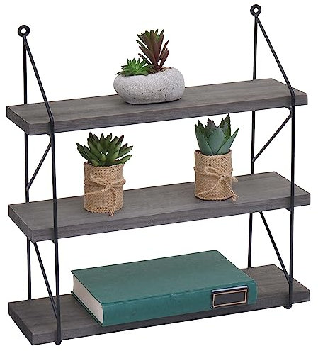 Mendler Wandregal HWC-K78, Hängeregal Schweberegal Regal, 3 Regalböden Metall Massiv-Holz Industrial 40x40x13cm - dunkelgrau