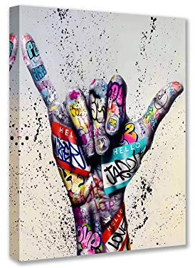 Walarky Banksy Street Art Decor Fingers Pictures Graffiti Two Fingers Means Number Six Artwork 1 Panel Canvas Wall Art Living Room Nordic House Decor Framed Ready to Hang Poster, Prints(40,6x61 cm H)