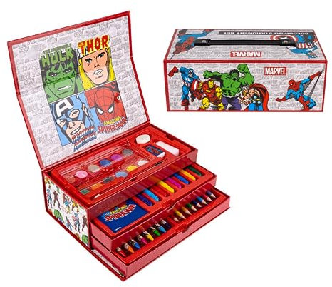 Marvel Avengers Schreibwaren-Set, Enthält Buntstifte, Marker, Wasserfarben, Pinsel, Schwamm, Bleistift, Radiergummi, Bleistifte, Notizbuch, Aktentasche, Schulset für Jungen