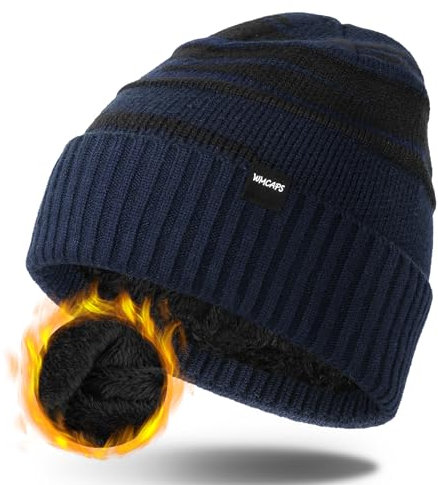 Wmcaps Wintermütze Herren, Thermo Winter Beanie Mütze Herren und Damen, Weiche Wollmütze mit Bündchen, Gestreifte Strickmütze Warme Stretchy Ski Mütze Männer(Marineblau+Schwarz)