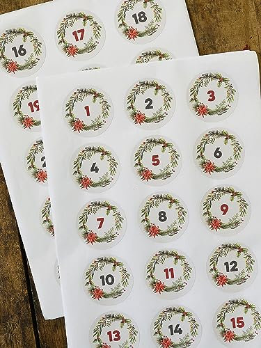 Adventskalenderzahlen Sticker 1-24 I selbstklebend I ⌀50mm (Mistelzweig)