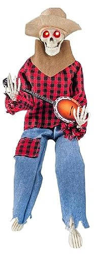 Unheimliche animierte Banjo Skelett Sammlerstück Lustige Cowboy Schädel Statue Mehrsprachiges Banjo Skelett Cowboy Schädel Statue