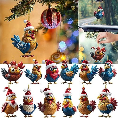 mugeleen Niedlicher Hahn-Weihnachtsbaumschmuck, Cartoon Cute Rooster Dekorative, Acryl Weihnachtsbaum Anhänger, Huhn Hängender Heimdekoration Hauptbaum-Anhänger (G)