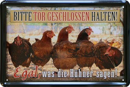 WOGEKA ART Retro Blechschild - Hühner - Bitte Tor geschlossen halten - lustiger Spruch als Geschenk-Idee zur Deko, 20 x 30 cm, aus Metall im Vintage Design 340