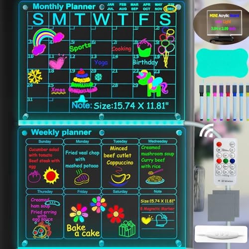 Fanrui 7 Color Change Magnetic LED Calendar Board for Fridge - 15.75x11.81 Inch Dimmable Acrylic Monthly + Weekly Planner with Remote, Timer, Dry Erase Whiteboard to do List for Kitchen, Office, Memo