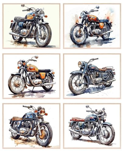 BigWig Prints Motorrad-Dekor: Motorrad-Wandkunst, Motorrad-Poster, Motorrad-Kunst, Motorrad-Wanddekoration, Vintage-Motorrad-Poster für Wand, Motorrad, Raumdekoration, ungerahmt, 6 Stück (20,3 x 25,4