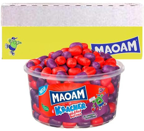 Maoam Kracher Wild Red Berries Runddose – 265 Stück – fruchtige Kaubonbons mit prickelnder Füllung – Party-Box Süßigkeiten Vorratsdose