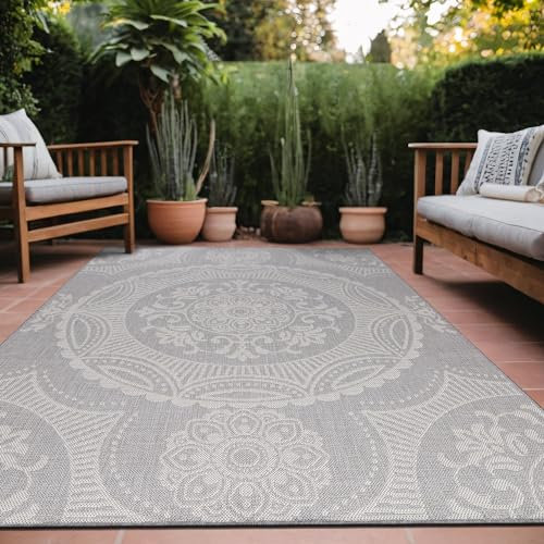 Luul Home Medallion Outdoor-Teppich, 12,7 x 17,8 cm, waschbar, für Innenbereich, Terrasse, Veranda, wasserdicht, leicht zu reinigen, fusselfrei, grau, 12,7 x 17,8 cm