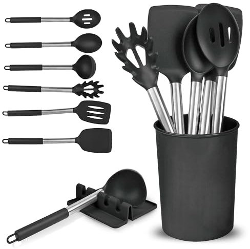 Kitchen Utensils Set with Holder & Drip Pad | Silicone Cooking Utensil 8pc Set | Silicone Spatula, Spoon, Spaghetti Server, Ladle | Scratch Proof Non-Stick Kitchen Gadgets & Tools