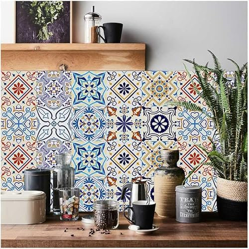 RwalkinZ Tile Stickers for Kitchen 24 PCS Bathroom 15 × 15 cm Waterproof 6 × 6 inches Heat Resistant Self Adhesive Peel and Stick Removable Wallcovering Staircase (Blue Yellow, 15 x 15cm 6x6'')