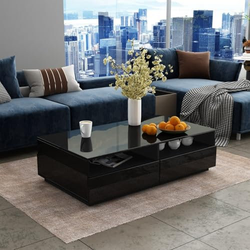 Couchtisch mit 4 Schubladen 2 Offene Fächer All Hochglanz Kaffeetisch Couchtisch mit Lagerung Rechteck Wohnzimmermöbel 85x55x35cm - Schwarz